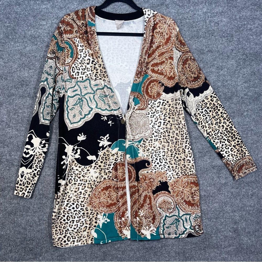 Chicos 2 Womens‎ Large Animal Paisley Mix Print Single Button Classy Cardigan